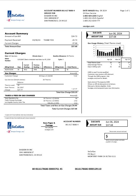 USA California SoCal Gas business utility bill template in Word and PDF formats